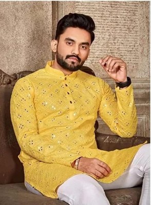 Tezys Men Embroidered Straight Kurta(Yellow)