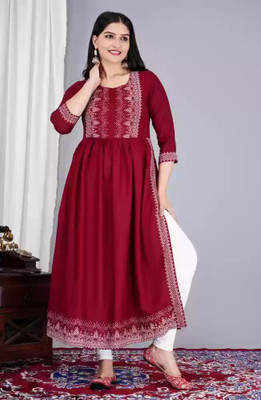 SUBH LAXMI Women Printed Flared Kurta(Red)