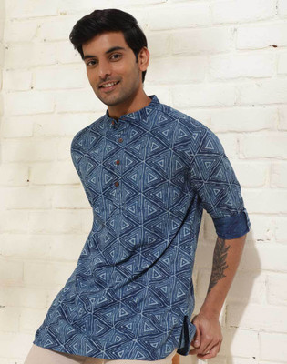 Fabindia Men Printed Straight Kurta(Blue)