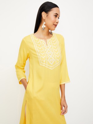 MAX Women Printed Straight Kurta(Yellow, White)