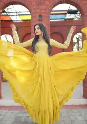 ukc Women Embroidered Anarkali Kurta(Yellow)