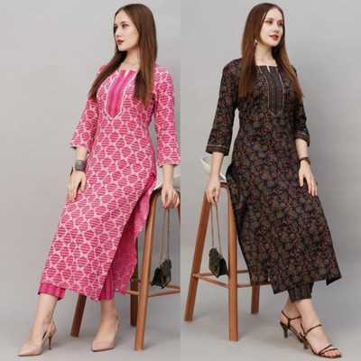 OMSAILACES Women Printed Straight Kurta(Pink, Brown)