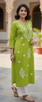 ChikankariArts Women Embroidered Straight Kurta(Yellow)