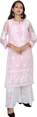ADR CHIKAN Women Embroidered Straight Kurta(Pink)