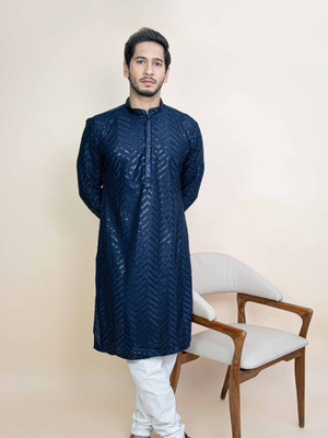 Radharaman Men Embellished A-line Kurta(Dark Blue)