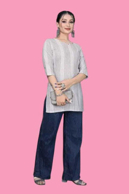 Rangrasiya Creation Women Striped A-line Kurta(White)