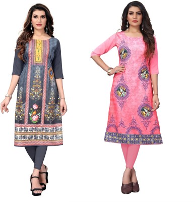 Growmore Fab Women Printed A-line Kurta(Grey, Pink)