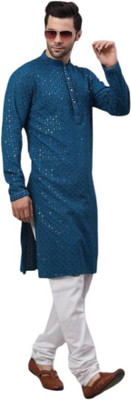 DHASU TRENDZ Men Chikan Embroidery Straight Kurta(Blue)