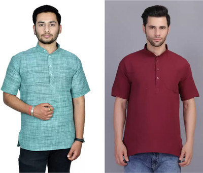 isdfabric Men Self Design Straight Kurta(Maroon, Blue)