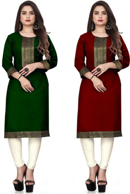 HF HOLYDAY FASHION Women Woven Design Straight Kurta(Dark Green, Light Green)