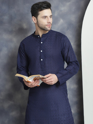 ANOUK Men Embroidered Straight Kurta(Blue)