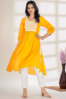 Glomee Women Embroidered A-line Kurta(Yellow, White)