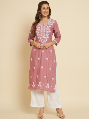 Sofisty Women Chikan Embroidery Straight Kurta(Pink)