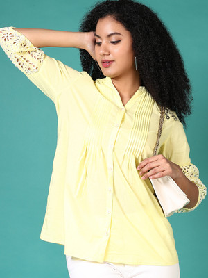 V-MART Women Self Design A-line Kurta(Yellow)