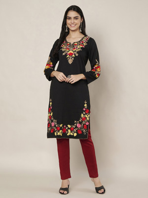 Trend Level Women Embroidered Straight Kurta(Black, Red)