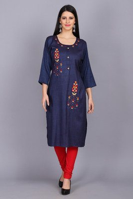 JAFREES Women Embroidered A-line Kurta(Dark Blue)