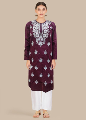 Shubh Chikan Women Embroidered Straight Kurta(Purple)