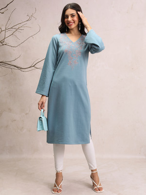 Vishudh Women Embroidered Straight Kurta(Light Blue)