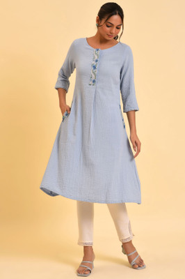 W Women Solid A-line Kurta(Light Blue)