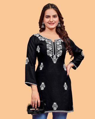 DharmHouse Women Chikan Embroidery Straight Kurta(Black)