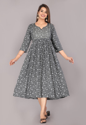 DADIYA Women Printed Anarkali Kurta(Grey, Black, White)