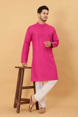 ODD by Poshaak Men Solid Straight Kurta(Pink)