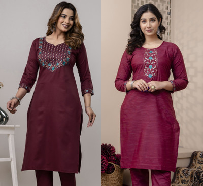 AuzaSho Collection Women Printed Straight Kurta(Maroon)