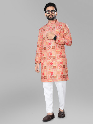 NobleStitch Men Printed, Geometric Print Ethnic Dress Kurta(Pink)