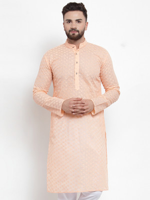 Jompers Men Embroidered Straight Kurta(Orange)