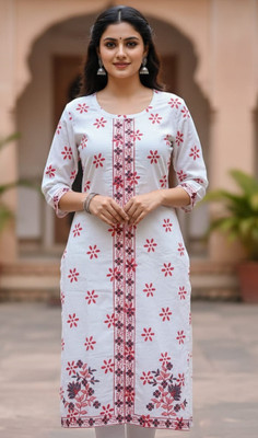 sofiacollection Women Floral Print, Embroidered Straight Kurta(White)