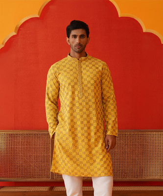 Jompers Men Embroidered, Checkered Straight Kurta(Yellow)