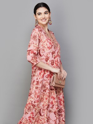 MELANGE Women Printed A-line Kurta(Pink)