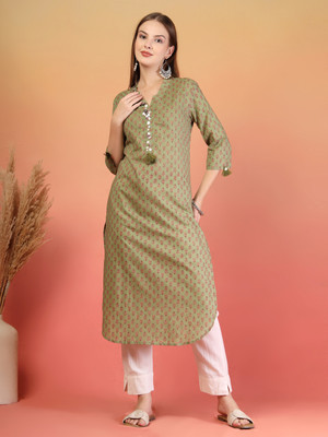 FABRIC FITOOR Women Floral Print Straight Kurta(Dark Green)