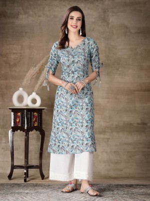 Stylum Women Floral Print Straight Kurta(Grey)