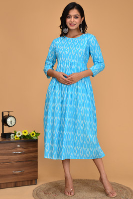 LYFJ Women Printed A-line Kurta(Light Blue)