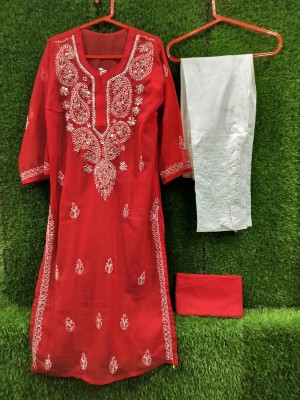 A A Handwork Chikan Women Chikan Embroidery A-line Kurta(Red)