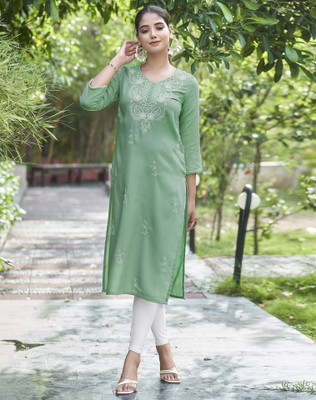 Samah Women Embroidered, Embellished, Dyed/Ombre, Self Design Straight Kurta(Green)