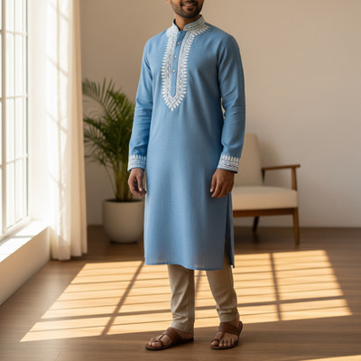 Dfuit Men Embroidered, Solid Pathani Kurta(Blue)