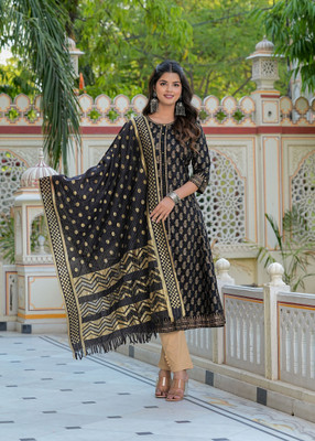 AKIKO Women Floral Print Anarkali Kurta(Black)