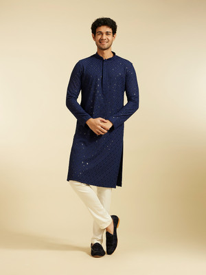 DIWAS by Manyavar Men Embroidered Straight Kurta(Dark Blue)