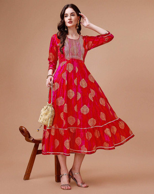 ABROR Women Printed Anarkali Kurta(Red)