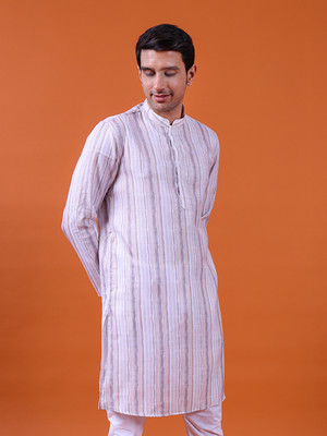 Namaskar Men Striped Straight Kurta(Orange)