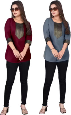 AAI MOGAL Women Solid Straight Kurta(Purple, Grey)