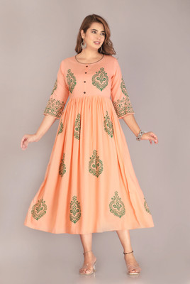Priyshi Designing Women Printed, Block Print Flared Kurta(Orange)