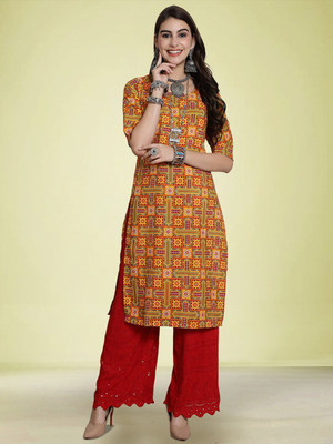 Moda Rapido Women Floral Print Straight Kurta(Yellow)