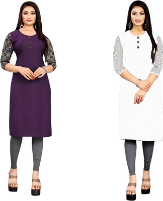 HOFC Women Solid Straight Kurta(Purple, White)