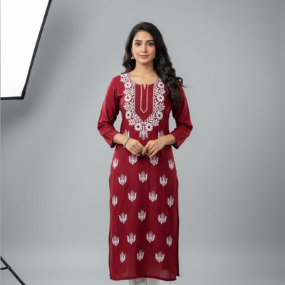 Crystalic Shop Women Embroidered A-line Kurta(Maroon)