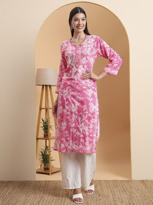 Elenora Women Chikan Embroidery Straight Kurta(Pink)