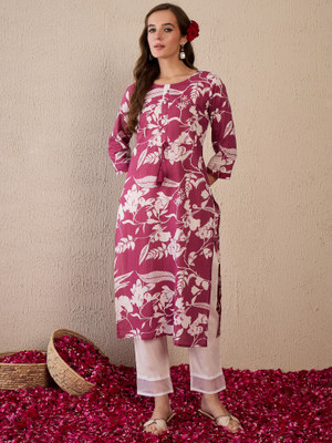 Indo Era Women Printed Straight Kurta(Pink)