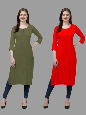 HOFC Women Solid Straight Kurta(Green, Red)